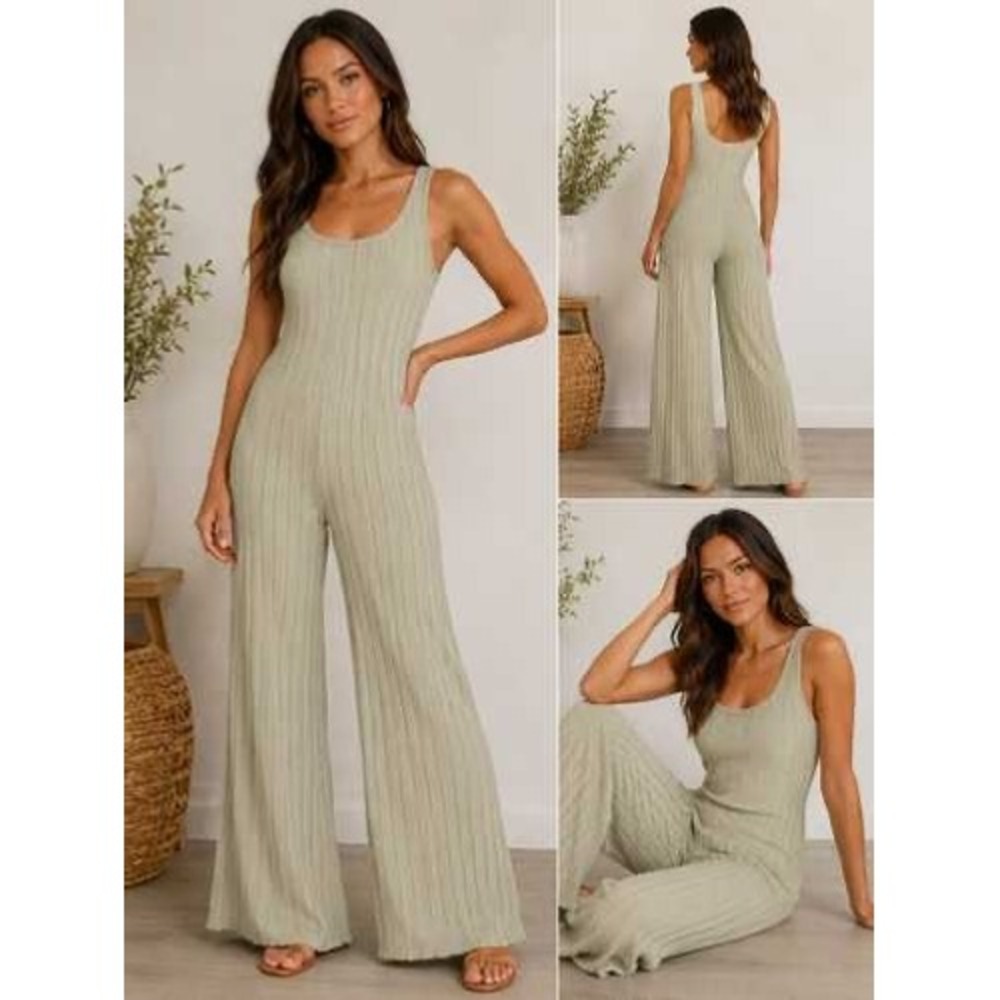 Zara Ribbed Knit Wide Leg Jumpsuit Sage Green‎ Sleeveless Scoop Neck Size S
